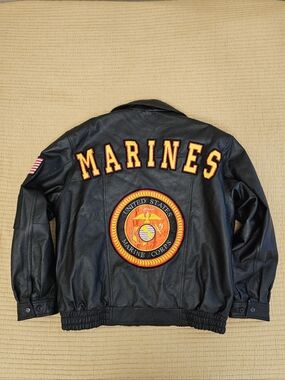 Marine Corps Black Leather Bomber Jacket with Embroidered Seal Military Men's L
